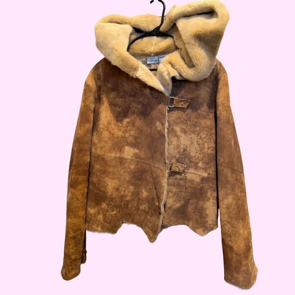 Newport News Vintage Leather & Faux Shearling Hooded Jacket Hook Clasp Size XL